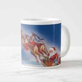 Taza De Café Grande Vintage Christmas, Santa Flying Sleigh w Reindeer