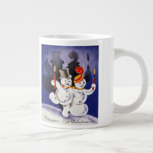 Taza De Café Grande Vintage Navidad bailando hombres de nieve con vela