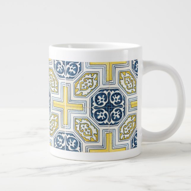 Taza De Café Grande Yellow Blue Faux Geometría Tile Art (Derecha)