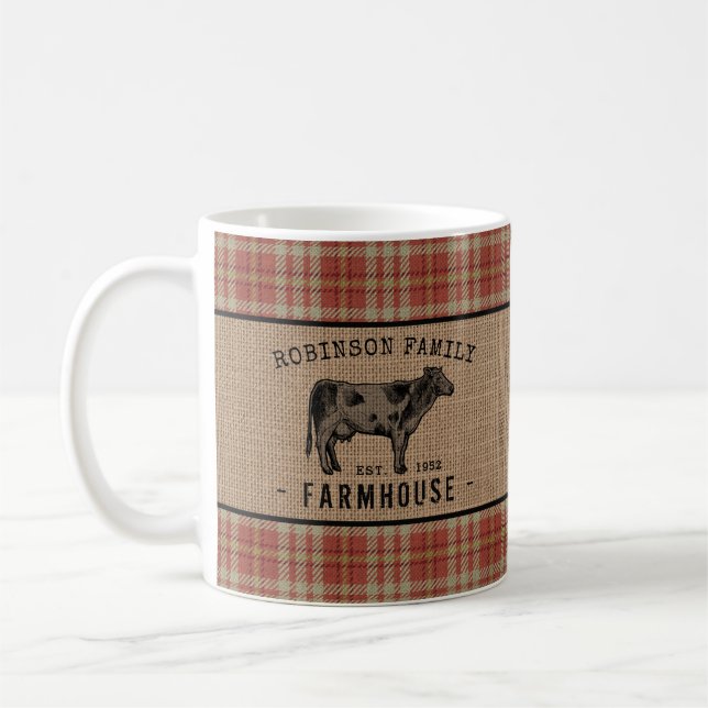 Taza De Café Granja de familia Rústica Vaca Red Plaid Burlap (Izquierda)
