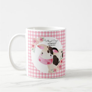 Taza De Café Granja de vaca floral de Gingham rosa
