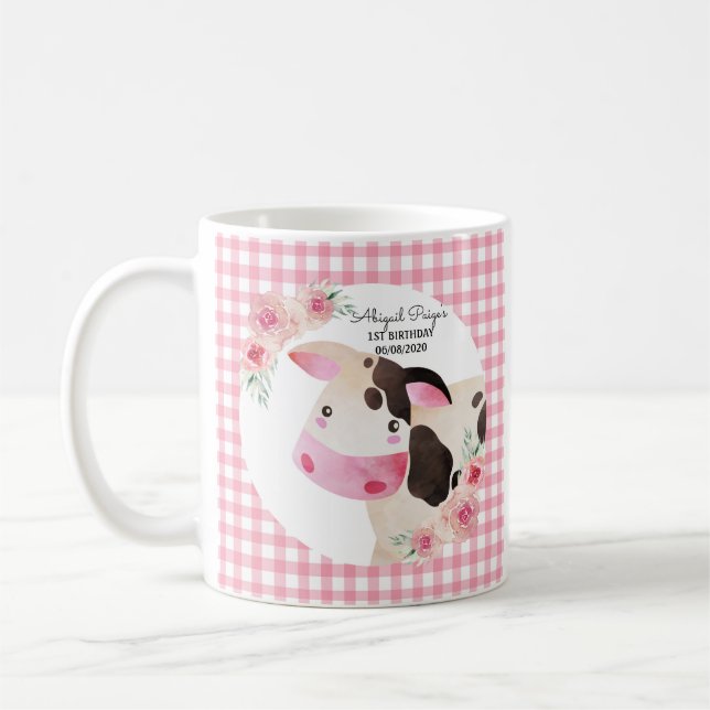 Taza De Café Granja de vaca floral de Gingham rosa (Izquierda)