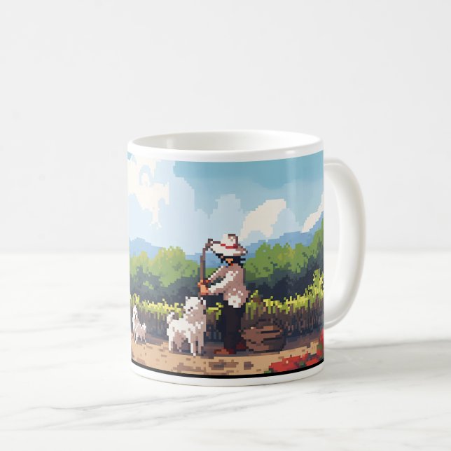 Taza De Café Granjero, Perro Y Granja En Pixel (Anverso derecho)