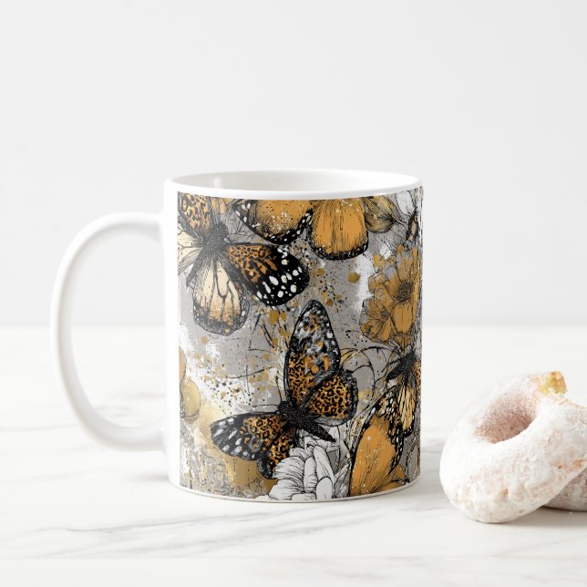 Taza De Café Gray White Gold Floral Butterflies Elegant (Con donut)