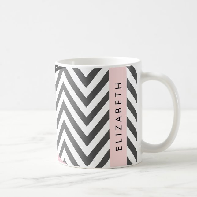 Taza De Café Gray Zigzag, Gray Chevron, Pink, Tu Nombre (Derecha)