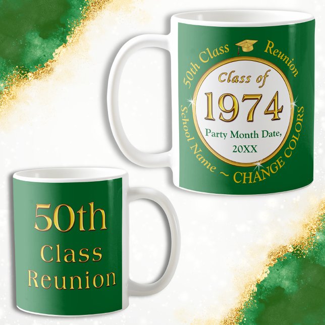 Taza De Café Green and Gold, Souvenirs de clase 50 años, (Personalized, Class of 1974, Mugs. 50th class reunion gift ideas and souvenirs. Green, Gold, White.)