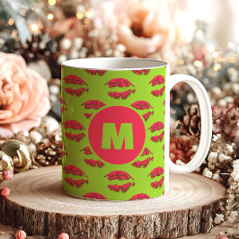 Taza De Café Green and Red XOXO Kissing Lips Personalized