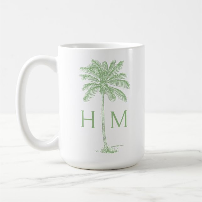 Taza De Café Green and White Palm Palmetto Tree Monogram (Izquierda)