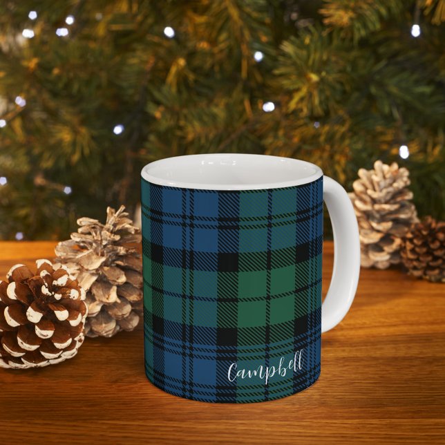 Taza De Café Green Check Plaid Rústico Personalizado Campbell T (Plaid Campbell Tartan 11oz Coffee Mug)