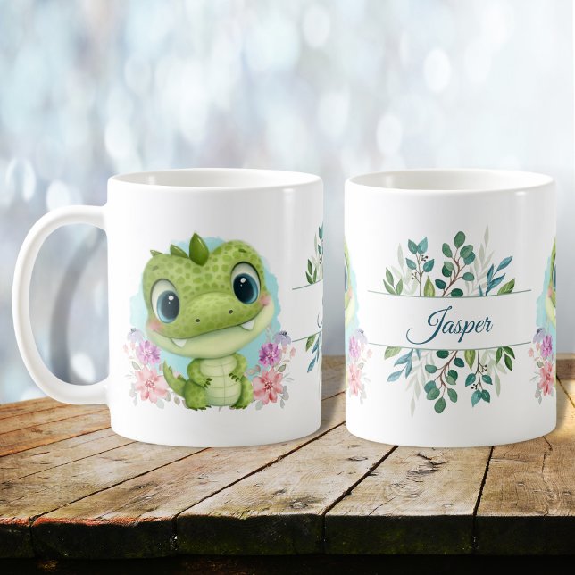 Taza De Café Green Cute Dinosaur Floral Tema Personalizado (Subido por el creador)