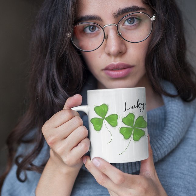 Taza De Café Green Cute Four Leaf Clover Personalizado (Lucky four leaf clover custom mug)
