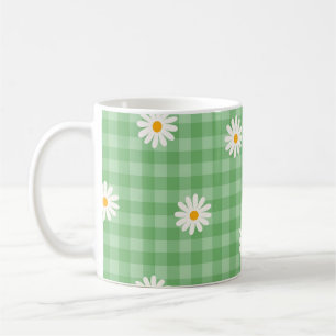 Taza De Café Green Daisy Plaid Gingham Check Flower Pattern