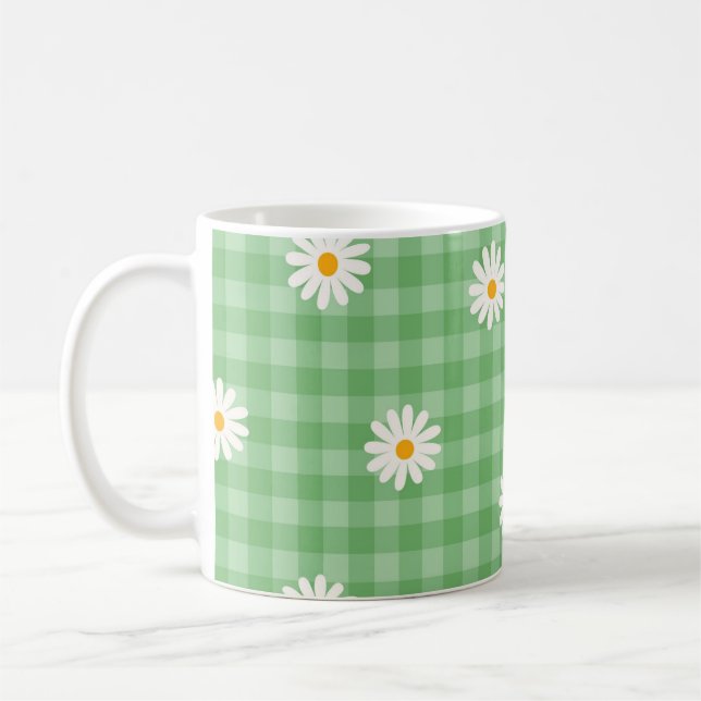 Taza De Café Green Daisy Plaid Gingham Check Flower Pattern (Izquierda)
