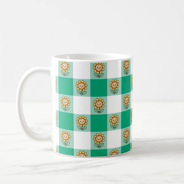 Taza De Café Green Gingham and Yellow Sunflowers (Izquierda)