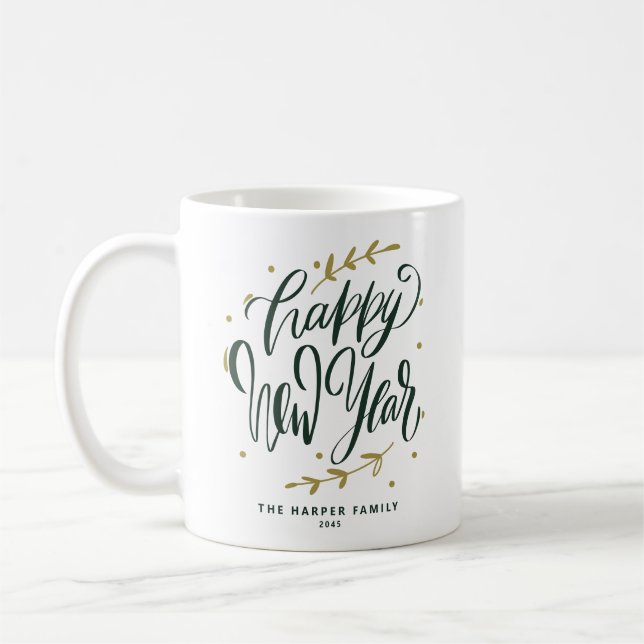 Taza De Café Green Happy New Year Modern Calligraphy Wreath (Izquierda)