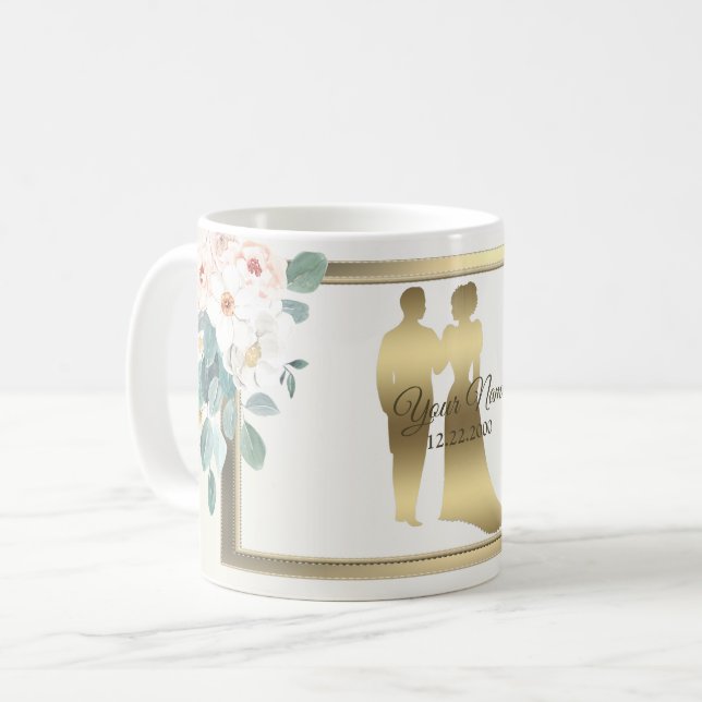 Taza De Café Green Leaves Flower Golden Frame Wedding Party (Anverso izquierdo)
