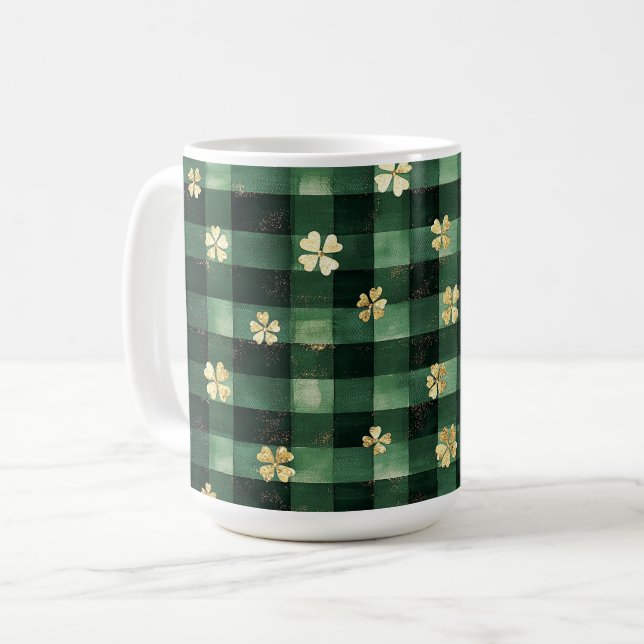 Taza De Café Green Plaid Gold Shamrocks St. Patrick's Day   (Anverso izquierdo)