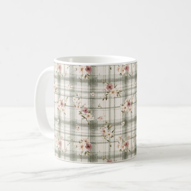 Taza De Café Green Plaid Stripes Burgundy Cream Flowers (Anverso izquierdo)