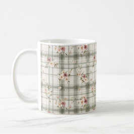 Taza De Café Green Plaid Stripes Burgundy Cream Flowers
