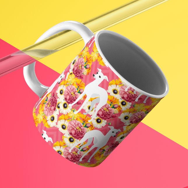 Taza De Café Greyhounds blanco italiano con flores (Subido por el creador)