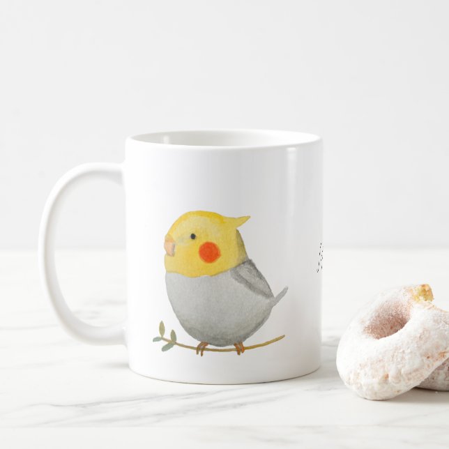 Taza De Café Gris Amarillo Cockatiel Cute Mascota Ave Nombre pe (Con donut)
