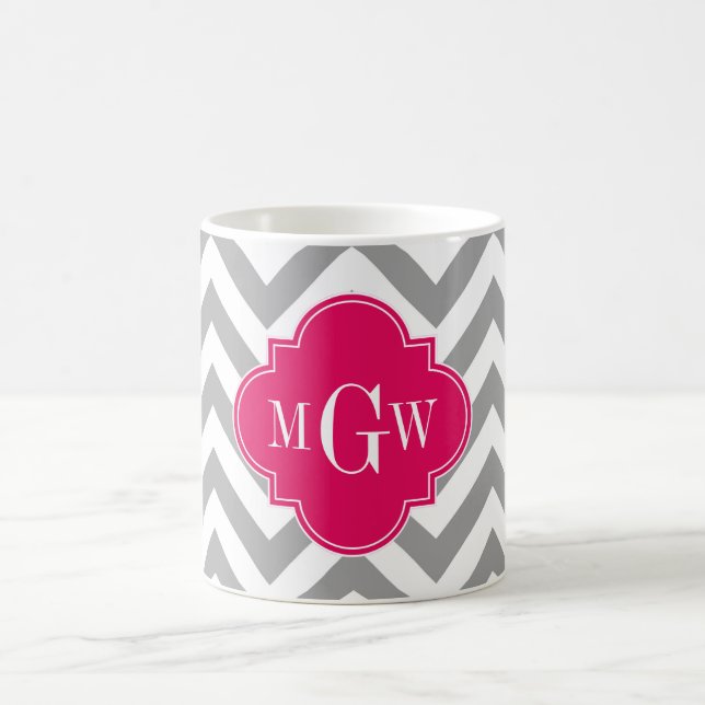 Taza De Café Gris Dk Lg Chevron Raspberry Quatrefoil 3 Monogram (Centro)