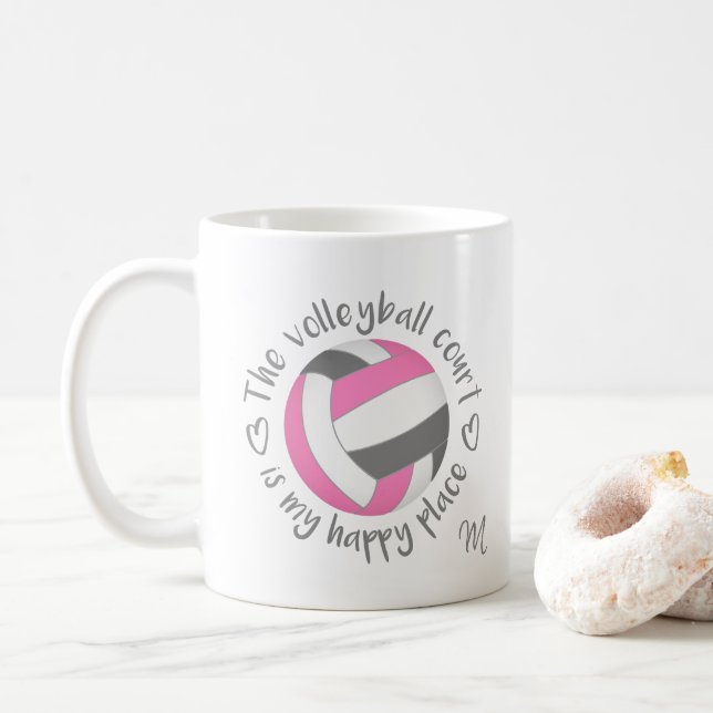 Taza De Café gris rosa La cancha de voleibol es mi lugar feliz (Con donut)