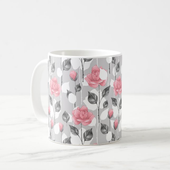 Taza De Café Gris y rosa. Estampado de flores (Anverso izquierdo)