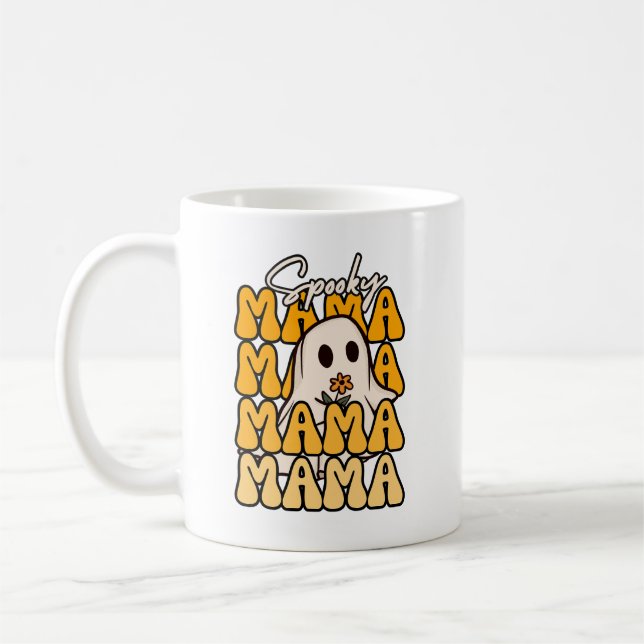 Taza De Café Groovy Halloween Mama Flor Fantasma Halloween (Izquierda)