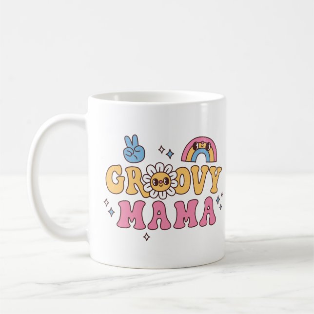 Taza De Café Groovy Mama Hippie Flor Y Arcoiris (Izquierda)