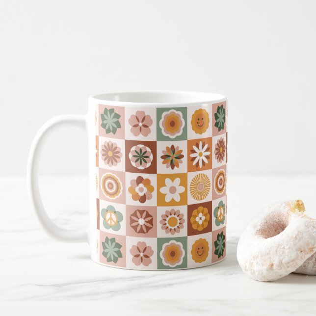 Taza De Café Groovy Retro Floral Checked (Con donut)