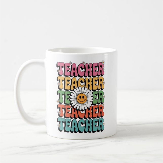 Taza De Café Groovy Teacher Cute Daisy Flower Retro Back School (Izquierda)