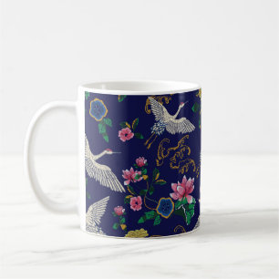 Taza De Café Grúas, olas y flores japonesas. Embroidery ill