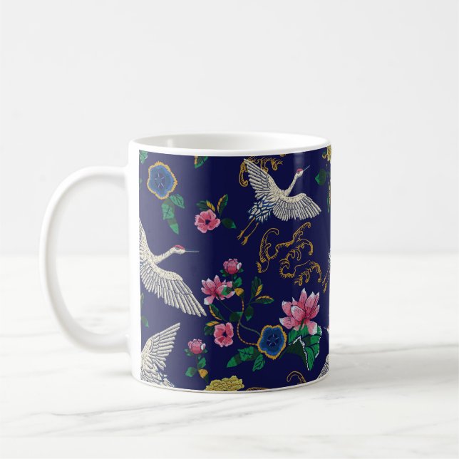Taza De Café Grúas, olas y flores japonesas. Embroidery ill (Izquierda)