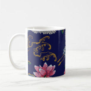 Taza De Café Grúas y flores bordadas, sin costura vintage p