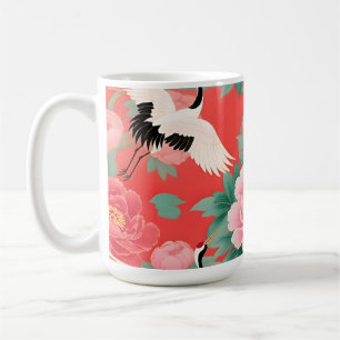 Taza De Café Grullas Japonesas Peonías Rojo Chinoiserie Eleganc