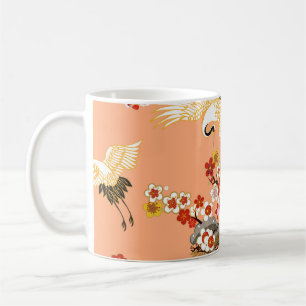 Taza De Café Grullas, sakura, coloridas, florales, cantaloupe.