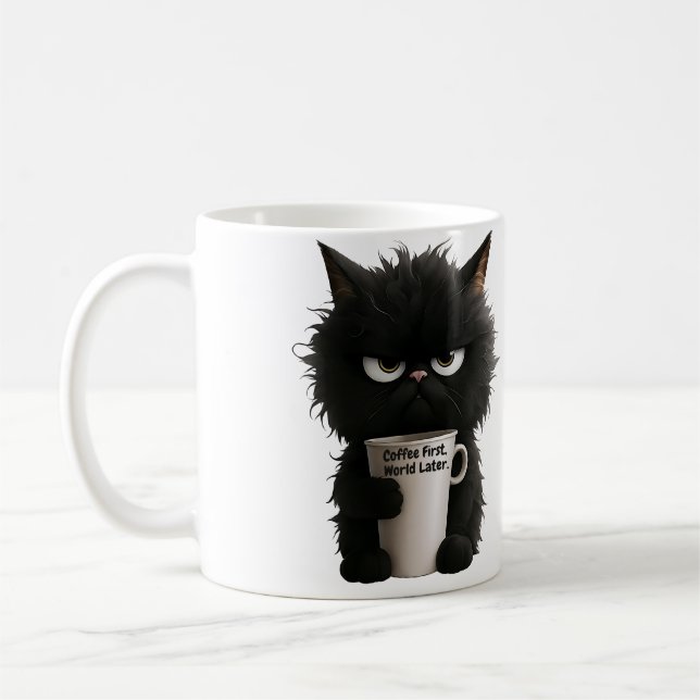 Taza De Café Grumpy Cat Coffee Mood T-Shirt Funny Black Fluffy  (Izquierda)