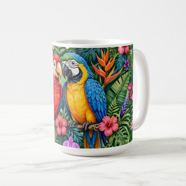 Taza De Café Guacamayos de la selva Loros alegres Flores vibran (Anverso derecho)