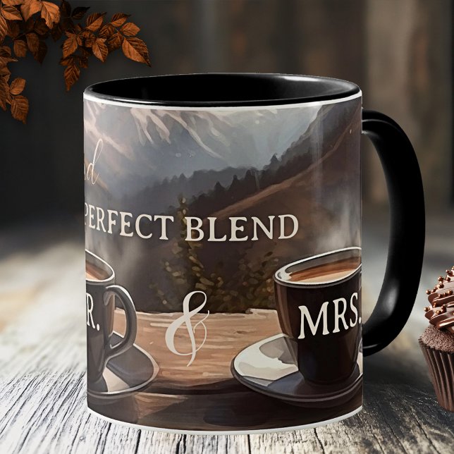 Taza De Café Guardar la Invitación Boda de fechas (Wedding Mr. and Mrs. mug featuring a painting of two coffee cups overlooking a mountain landscape)