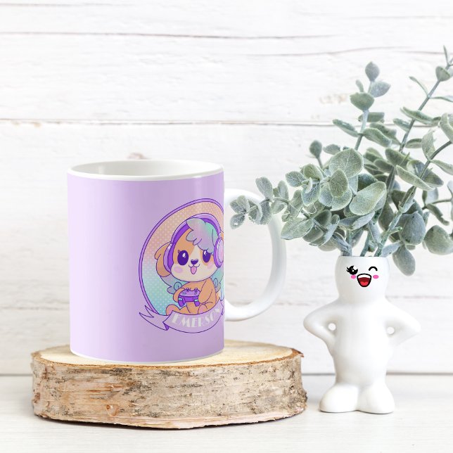 Taza De Café Guay Kawaii Gamer Chica perro en morado con nombre (Subido por el creador)