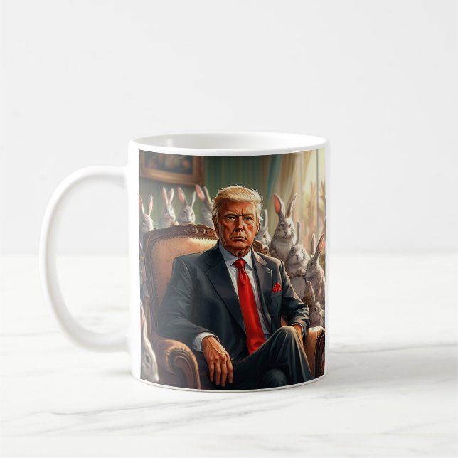 Taza De Café Guay MAGA Rabbit TRUMP rodeado de BUNNYS divertido (Izquierda)