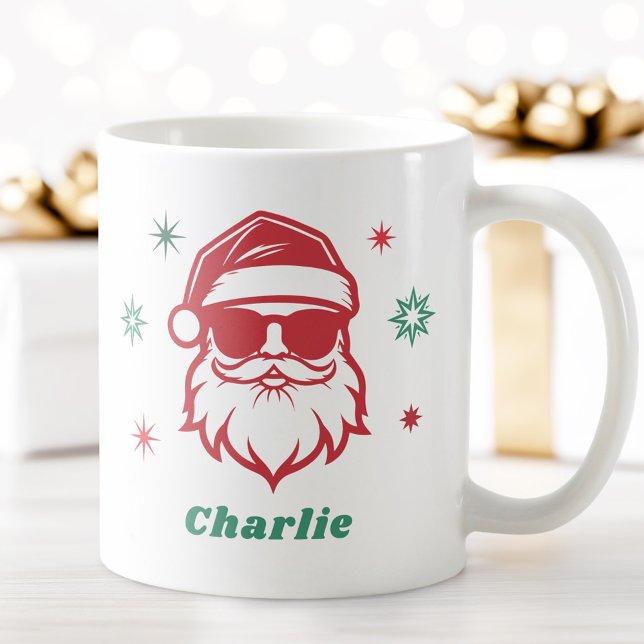 Taza De Café Guay Santa en gafas de sol estrellas retro nombre  (Cool Santa in sunglasses retro stars custom name Coffee Mug)