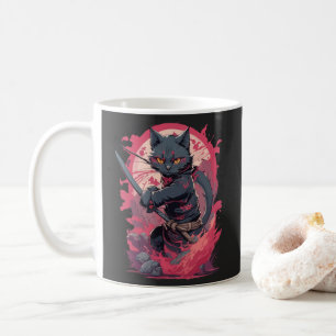 Taza De Café Guerrero de Gato Ninja negro con un incendio suave