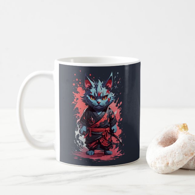 Taza De Café Guerrero Gato Ninja Gris Acuarela Cool (Con donut)