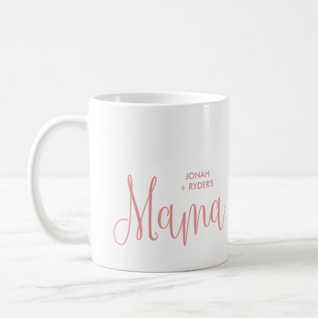 Taza De Café Guión de caligrafía rosada de Mama Leyendo nombres (Izquierda)
