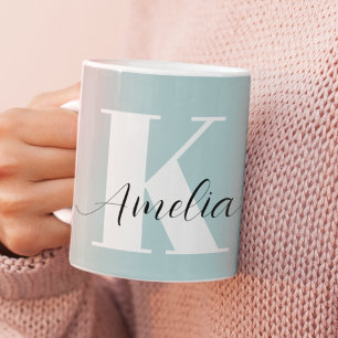 Taza De Café Guión de monograma de moda Verde azulado