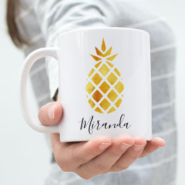 Taza De Café Guión de nombre blanco dorado de piña