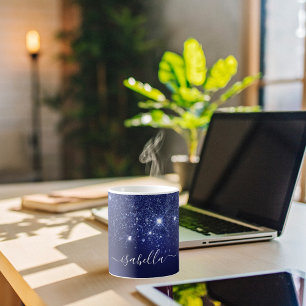 Taza De Café Guión de nombre de purpurina azul elegante