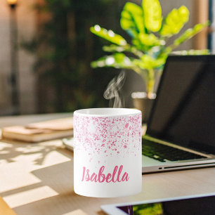Taza De Café Guión de nombre de purpurina rosa blanco